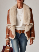 Women's Western-style Brown Faux Leather And Beige Plush Color-block Jacket ZMZ3061I4XT