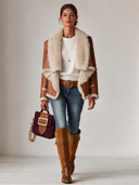 Women's Western-style Brown Faux Leather And Beige Plush Color-block Jacket ZMZ3061I4XT