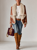 Women's Western-style Brown Faux Leather And Beige Plush Color-block Jacket ZMZ3061I4XT
