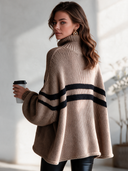 Women's Vintage-Style Elegant Horizontal Stripes And Pockets High-Neck Long-Sleeve Loose Sweater ZMZ3036I6ZYY