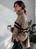 Women's Vintage-Style Elegant Horizontal Stripes And Pockets High-Neck Long-Sleeve Loose Sweater ZMZ3036I6ZYY