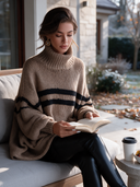 Women's Vintage-Style Elegant Horizontal Stripes And Pockets High-Neck Long-Sleeve Loose Sweater ZMZ3036I6ZYY