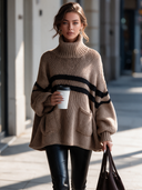 Women's Vintage-Style Elegant Horizontal Stripes And Pockets High-Neck Long-Sleeve Loose Sweater ZMZ3036I6ZYY