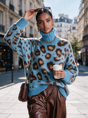 Women's Vintage-Style Elegant High Neck, Long Sleeves, And Leopard Jacquard Pattern Loose-Fit Sweater ZMZ3081I2ZYY