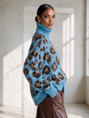 Women's Vintage-Style Elegant High Neck, Long Sleeves, And Leopard Jacquard Pattern Loose-Fit Sweater ZMZ3081I2ZYY