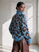 Women's Vintage-Style Elegant High Neck, Long Sleeves, And Leopard Jacquard Pattern Loose-Fit Sweater ZMZ3081I2ZYY