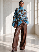 Women's Vintage-Style Elegant High Neck, Long Sleeves, And Leopard Jacquard Pattern Loose-Fit Sweater ZMZ3081I2ZYY