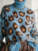 Women's Vintage-Style Elegant High Neck, Long Sleeves, And Leopard Jacquard Pattern Loose-Fit Sweater ZMZ3081I2ZYY
