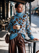 Women's Vintage-Style Elegant High Neck, Long Sleeves, And Leopard Jacquard Pattern Loose-Fit Sweater ZMZ3081I2ZYY