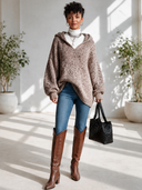 Women's Classic Casual V-Neck Hood And Lantern Sleeves Loose Sweater ZMZ2915I8ZYY