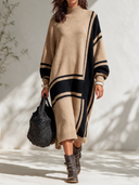Women's Classic American-Style Casual Camel & Black Geometric Stripe High-Neck Maxi Knit Dress ZMZ2926I3ZYY