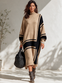 Women's Classic American-Style Casual Camel & Black Geometric Stripe High-Neck Maxi Knit Dress ZMZ2926I3ZYY