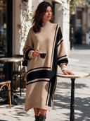 Women's Classic American-Style Casual Camel & Black Geometric Stripe High-Neck Maxi Knit Dress ZMZ2926I3ZYY