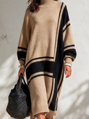 Women's Classic American-Style Casual Camel & Black Geometric Stripe High-Neck Maxi Knit Dress ZMZ2926I3ZYY