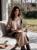 Women's Classic American-Style Casual Camel & Black Geometric Stripe High-Neck Maxi Knit Dress ZMZ2926I3ZYY