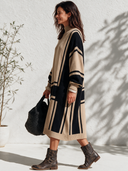 Women's Classic American-Style Casual Camel & Black Geometric Stripe High-Neck Maxi Knit Dress ZMZ2926I3ZYY