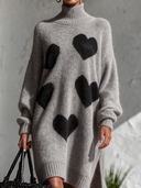 Women's Classic Casual Heart Jacquard Pattern Loose-Fit Long-Sleeve Turtleneck Knit Midi Dress ZMZ2920I4ZYY