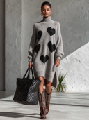 Women's Classic Casual Heart Jacquard Pattern Loose-Fit Long-Sleeve Turtleneck Knit Midi Dress ZMZ2920I4ZYY