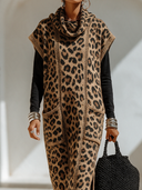 Women's Classic American Retro Cowl Neck And Leopard Jacquard Pattern Loose-Fit Knit Maxi Dress (Includes Base Layer Top) ZMZ2917I0ZYY