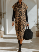 Women's Classic American Retro Cowl Neck And Leopard Jacquard Pattern Loose-Fit Knit Maxi Dress (Includes Base Layer Top) ZMZ2917I0ZYY