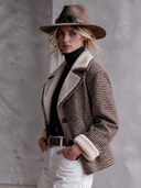 Women's Classic American Retro Houndstooth Pattern And Fleece Paneling Single-Breasted Jacket ZMZ3039I2ZYY
