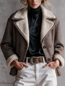 Women's Classic American Retro Houndstooth Pattern And Fleece Paneling Single-Breasted Jacket ZMZ3039I2ZYY