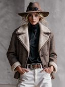 Women's Classic American Retro Houndstooth Pattern And Fleece Paneling Single-Breasted Jacket ZMZ3039I2ZYY