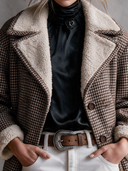Women's Classic American Retro Houndstooth Pattern And Fleece Paneling Single-Breasted Jacket ZMZ3039I2ZYY