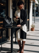 Women's Classic Retro Casual Black And White Color-Block Turtleneck Design Long-Sleeve Maxi Dress ZMZ2903I0ZYY