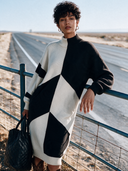 Women's Classic Retro Casual Black And White Color-Block Turtleneck Design Long-Sleeve Maxi Dress ZMZ2903I0ZYY