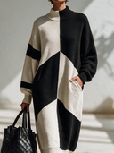 Women's Classic Retro Casual Black And White Color-Block Turtleneck Design Long-Sleeve Maxi Dress ZMZ2903I0ZYY