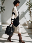 Women's Classic Retro Casual Black And White Color-Block Turtleneck Design Long-Sleeve Maxi Dress ZMZ2903I0ZYY
