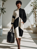 Women's Classic Retro Casual Black And White Color-Block Turtleneck Design Long-Sleeve Maxi Dress ZMZ2903I0ZYY