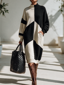 Women's Classic Retro Casual Black And White Color-Block Turtleneck Design Long-Sleeve Maxi Dress ZMZ2903I0ZYY