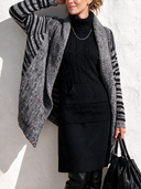 Women's Stylish Grey Striped-Sleeve Lapel Knit Cardigan ZMZ3018I0SWL