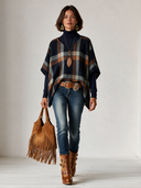 Women's Casual Retro Loose Asymmetric-Hem Navy Plaid Cape Sweater (Inner Layer Not Included) ZMZ3020I0XT
