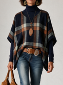 Women's Casual Retro Loose Asymmetric-Hem Navy Plaid Cape Sweater (Inner Layer Not Included) ZMZ3020I0XT