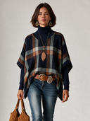 Women's Casual Retro Loose Asymmetric-Hem Navy Plaid Cape Sweater (Inner Layer Not Included) ZMZ3020I0XT