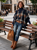 Women's Casual Retro Loose Asymmetric-Hem Navy Plaid Cape Sweater (Inner Layer Not Included) ZMZ3020I0XT