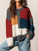 Women's Loose-Fit Color-Block Chunky-Knit Crew-Neck Long-Sleeve Pullover Sweater ZMZ0896J9XT