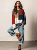 Women's Loose-Fit Color-Block Chunky-Knit Crew-Neck Long-Sleeve Pullover Sweater ZMZ0896J9XT