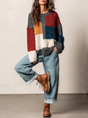 Women's Loose-Fit Color-Block Chunky-Knit Crew-Neck Long-Sleeve Pullover Sweater ZMZ0896J9XT
