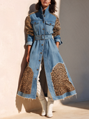 Women's Stylish Denim Coat: Leopard-Print Patchwork, Button-Front, Stand Collar, And Belted Waist ZMZ0986J8SWL