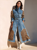 Women's Stylish Denim Coat: Leopard-Print Patchwork, Button-Front, Stand Collar, And Belted Waist ZMZ0986J8SWL