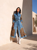 Women's Stylish Denim Coat: Leopard-Print Patchwork, Button-Front, Stand Collar, And Belted Waist ZMZ0986J8SWL