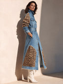 Women's Stylish Denim Coat: Leopard-Print Patchwork, Button-Front, Stand Collar, And Belted Waist ZMZ0986J8SWL
