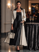 Women's Urban Color-Blocked Trim Cutout Collar Long Trench Coat ZMZ0990J4XT