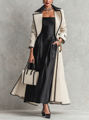 Women's Urban Color-Blocked Trim Cutout Collar Long Trench Coat ZMZ0990J4XT