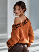 Women's Retro American-Style Elegant Off-Shoulder Loose-Fit Sweater With Leopard Print Panel ZMZ0925J2ZYY