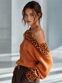Women's Retro American-Style Elegant Off-Shoulder Loose-Fit Sweater With Leopard Print Panel ZMZ0925J2ZYY